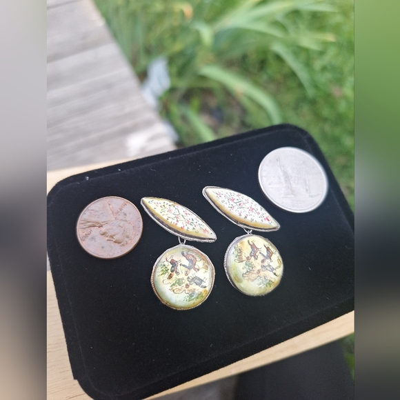 Antique Persian Sterling Intaglio Cufflinks – Hand-Painted Mother-of-Pearl